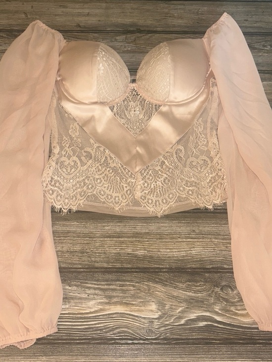 Windsor Tops - Windsor Blush Pink Lace Satin Bustier Top with Sheer Long Sleeves
